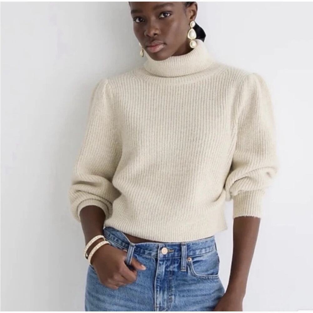 J.Crew Puff Sleeve Merino Wool Alpaca Blend Turtleneck Sweater Cream Size Large